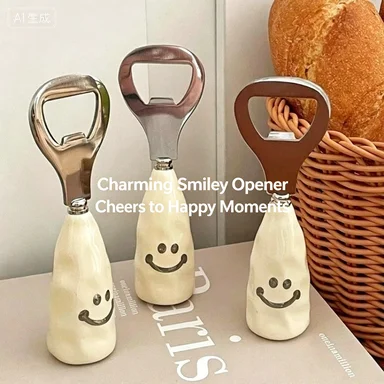 Cute smiling face beer bottle opener with plastic handle that can stand up. Creative stainless steel bottle opener