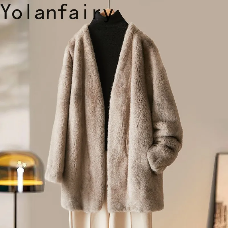 YOLANFAIRY معطف فرو المنك الطبيعي امرأة الخريف الشتاء الخامس الرقبة الفراء الحقيقي سترة النساء الملابس منتصف طول معاطف فرو المنك كاملة 2025