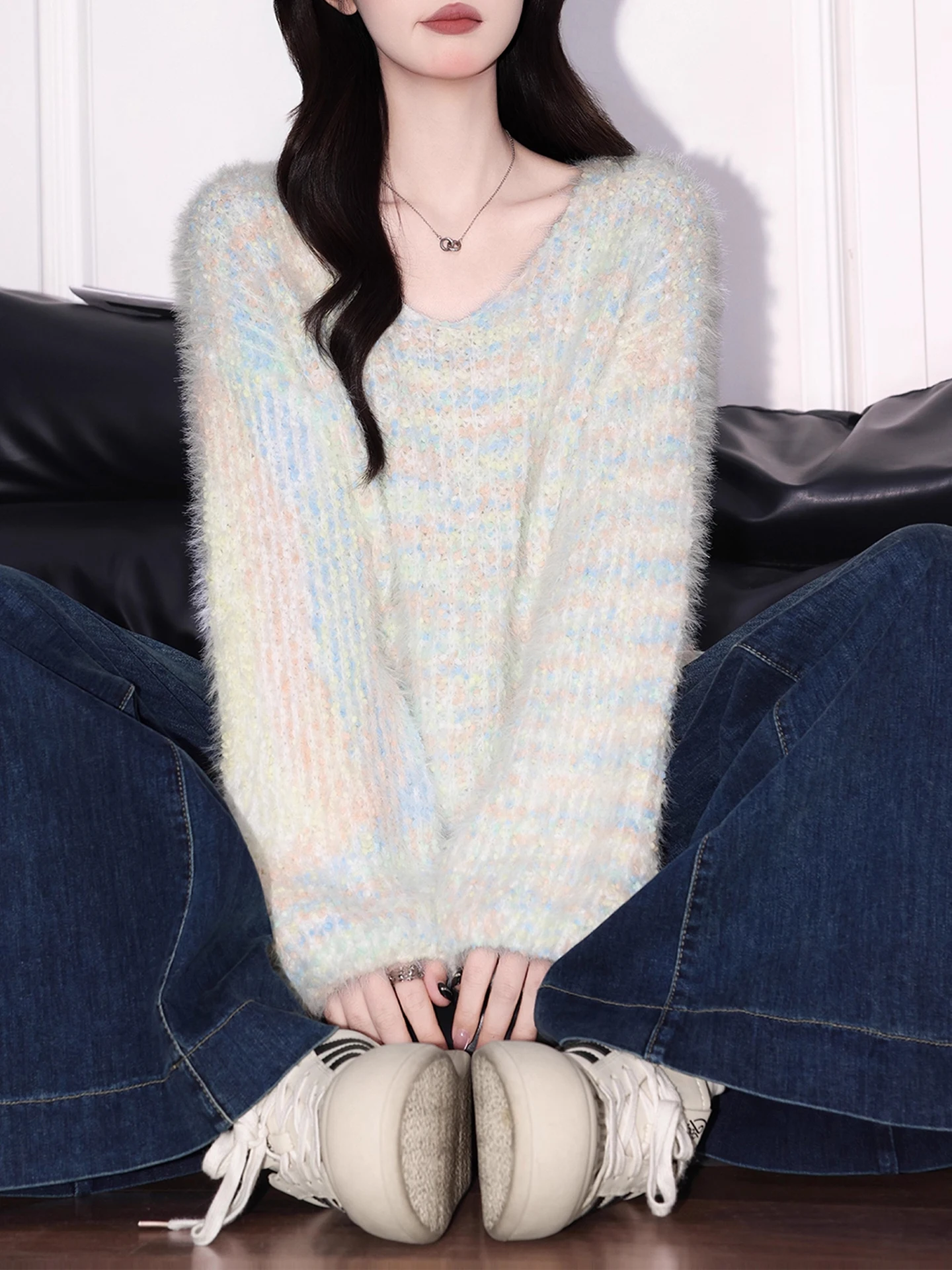 

Потрясающий светло-голубой свободный вязаный свитер с v-образным вырезом, женский осенне-зимний повседневный мягкий длинный топ све, корейский Sle INS