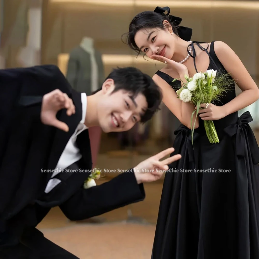 Vestidos de novia con lazo negro, satén, cuello redondo, corte en A, Corea ..........., largo, sin tirantes, sencillo, elegante, para fiesta, personalizado