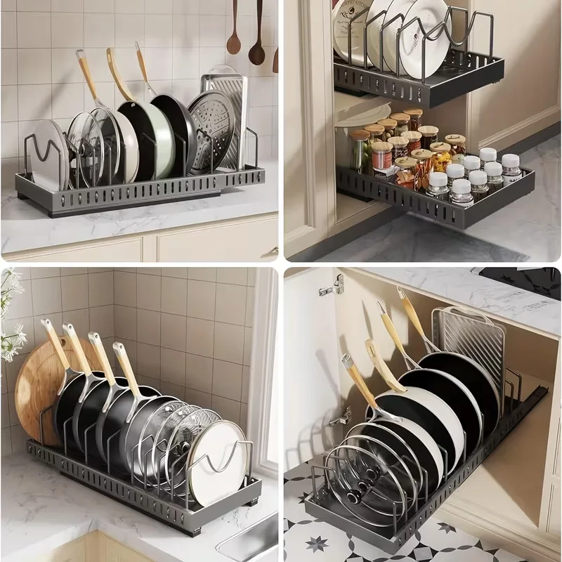 Pull Out Cabinet Storage Organizer Sliding Pot Lid Pan Rack With Adjustable Dividers For Lids Bakeware Plates Kitchen Cabinet Accessories
