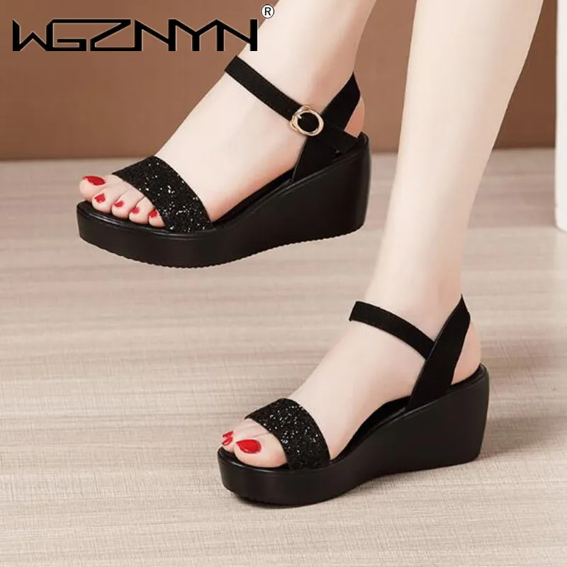 Summer Thick Bottom High Heel Women Shoes Size 35-40 Black Roman Wedges Heel Platform Women\'s Sandals Beach Shoes Open Toe Shoes