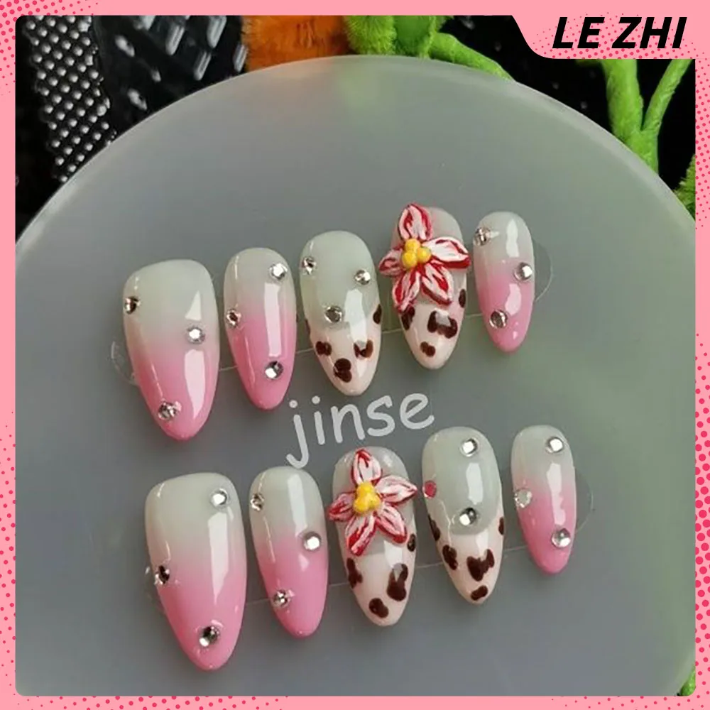 Uñas postizas francesas 3D con diseño de flor y onda, hechas a mano, efecto ojo de gato, puntas artificiales ovaladas, regalo para uñas.