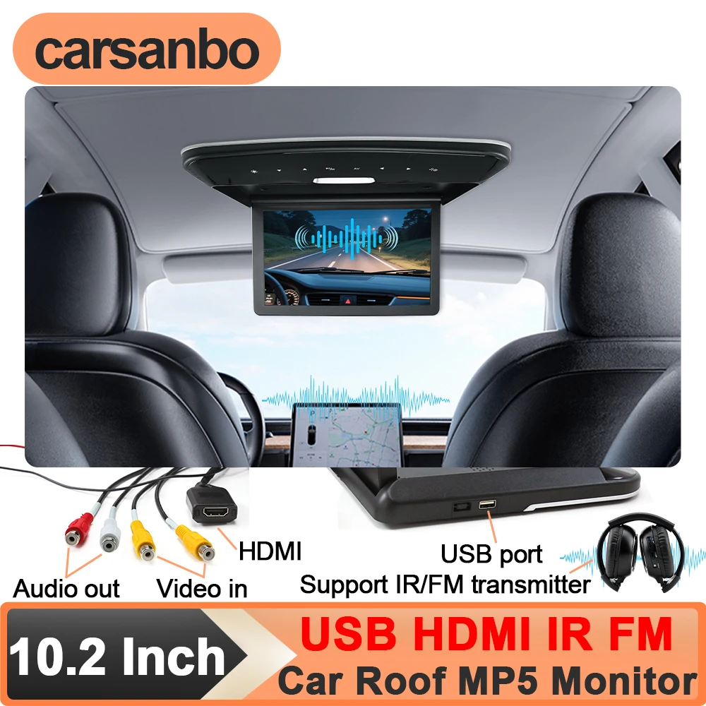 Carsanbo 10.2 Inch Car MP5 Roof Mounted Monitor HD 1080P Digital TFT Ceiling Screen 16:9 Display IR/FM Transmitter USB HDMI Port