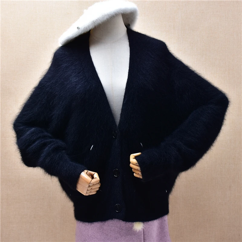 

Ladies Women Autumn Winter Clothing Black Hairy Plush Mink Cashmere Knitted V-Neck Long Sleeves Loose Cardigans Sweater Jacket