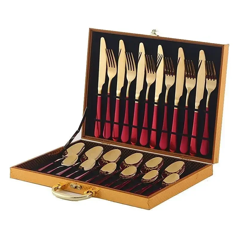 Retro Gold Cutlery Set Luxury Complete Tableware European Style Stainless Steel Spoon Fork Steak Knife Dinnerware Gift Box New