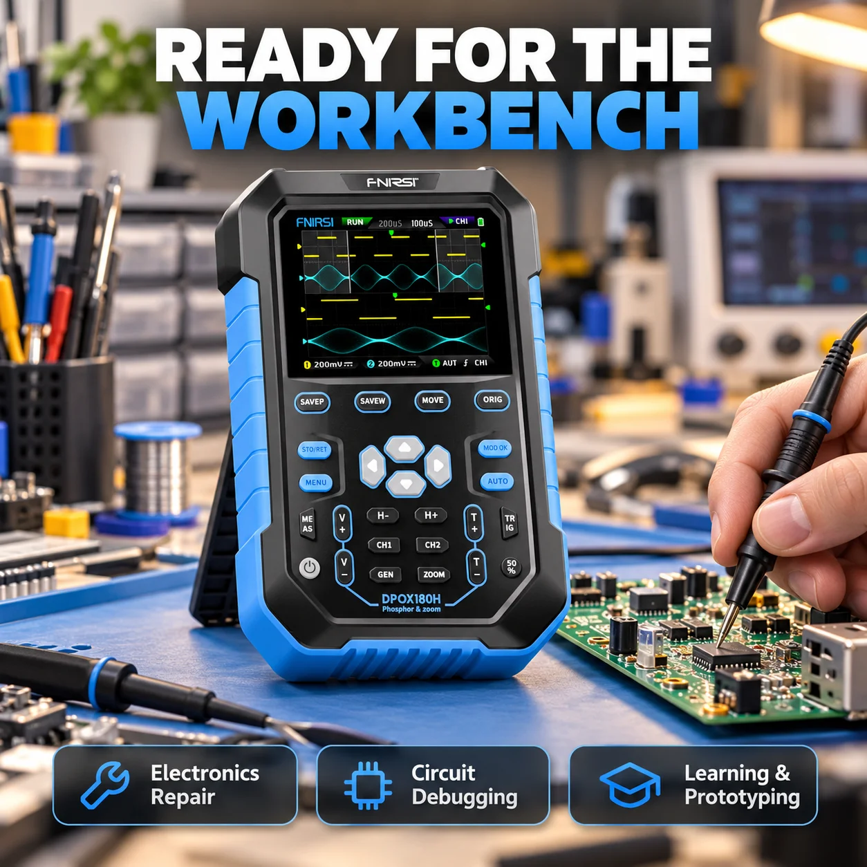 FNIRSI DPOX180H Digital Phosphor Oscilloscope 180MHz 500MS/s Dual Channel Handheld Scope 20MHz DDS Signal Generator FFT Analyzer