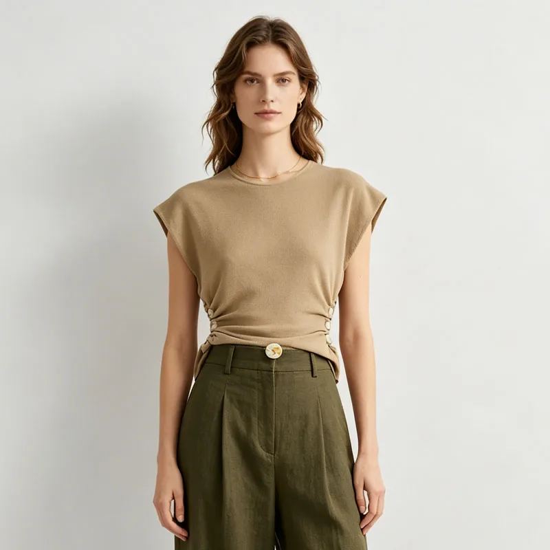 Women's Short Sleeve Knit Top - Side Cutout Ball Embellished Round Neck Tee, French Street Style Casual Blouse, 2026 Summer New