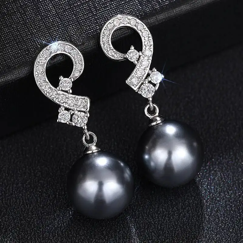 Huitan Elegant Black Imitation Pearl Women Drop Earrings for Fashion Party Engagement Accessories with Shiny CZ Wedding Jewelry