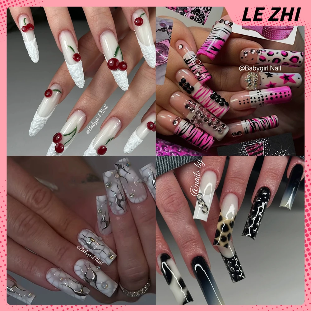 

Y2K Spicy Girl Long Coffin Handmade False Nails Europe-America Leopard Print Stripes Diamond French Wearable Nail Party Stickers