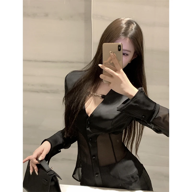 MEXZT 우아한 블랙 새틴 셔츠 여성 패션 섹시한 패치 워크 쉬어 블라우스 여름 갸루 한국어 V 넥 긴 소매 슬림 탑 새로운