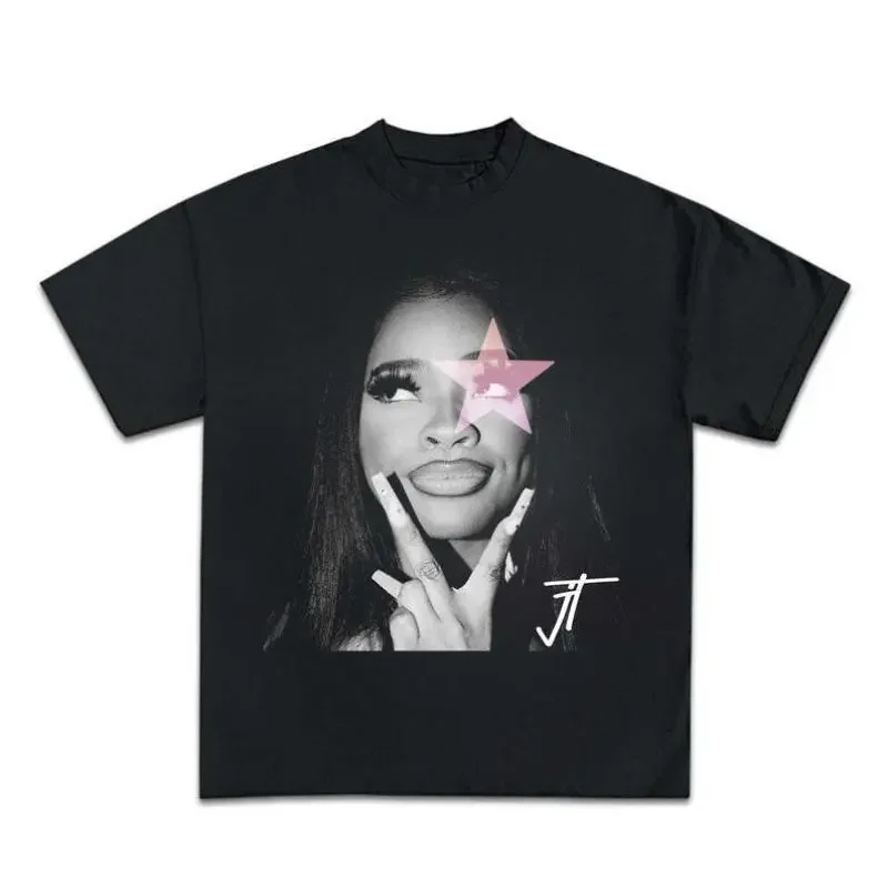 Jt Signature Soft Cotton Graphic T-Shirt - 1 Hard Light Star Print, Smooth Drape Fabric, Relaxed Cut Short-Sleeve, Unisex Crew Neck, Pink/Black Vintage T-Shirts, Casual Wear Sports Streetwear Top, Summer Daily Use