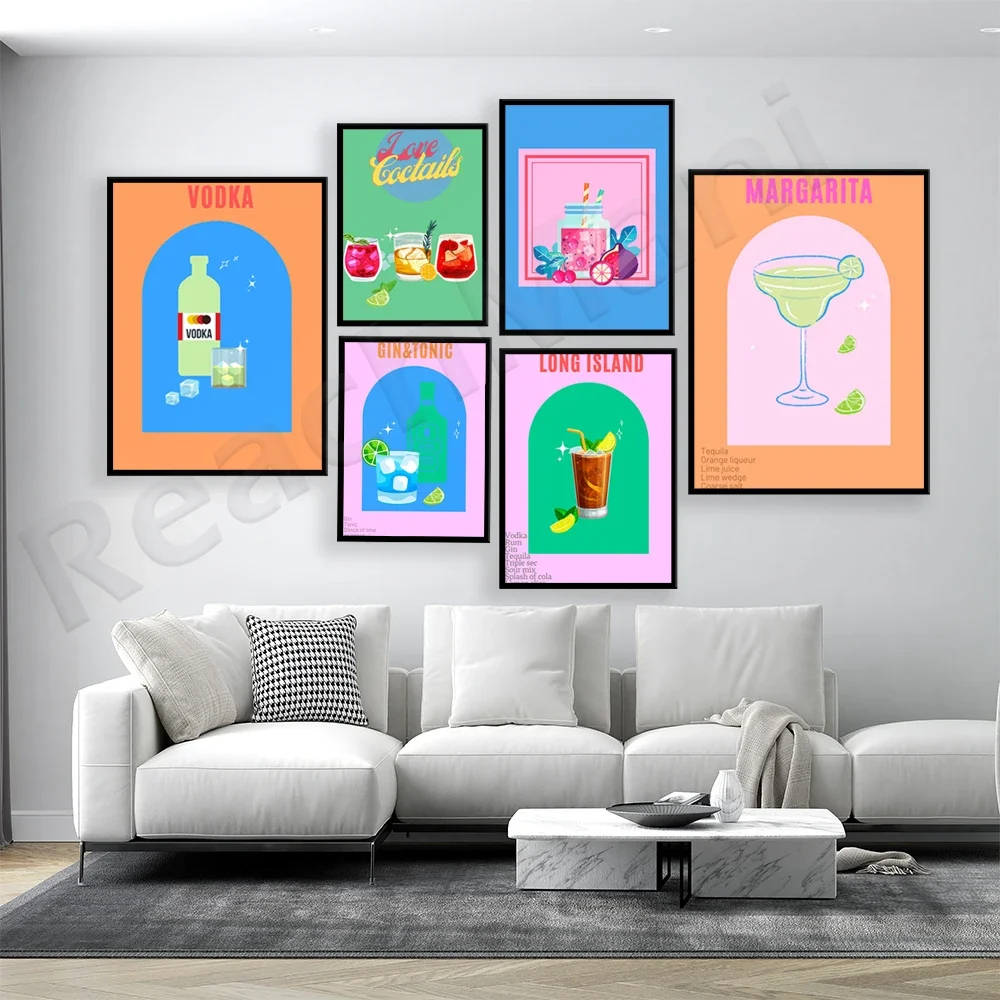 Vintage cocktail poster, cocktail espresso martini, vodka, gin, long island cocktail, colorful summer colorful drink decoration