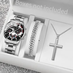 3PCS Fashion Men's Watches Stainless Steel Band Analog Quartz Watch Date Watches Jewelry Set Reloj Hombre(Without Box)
