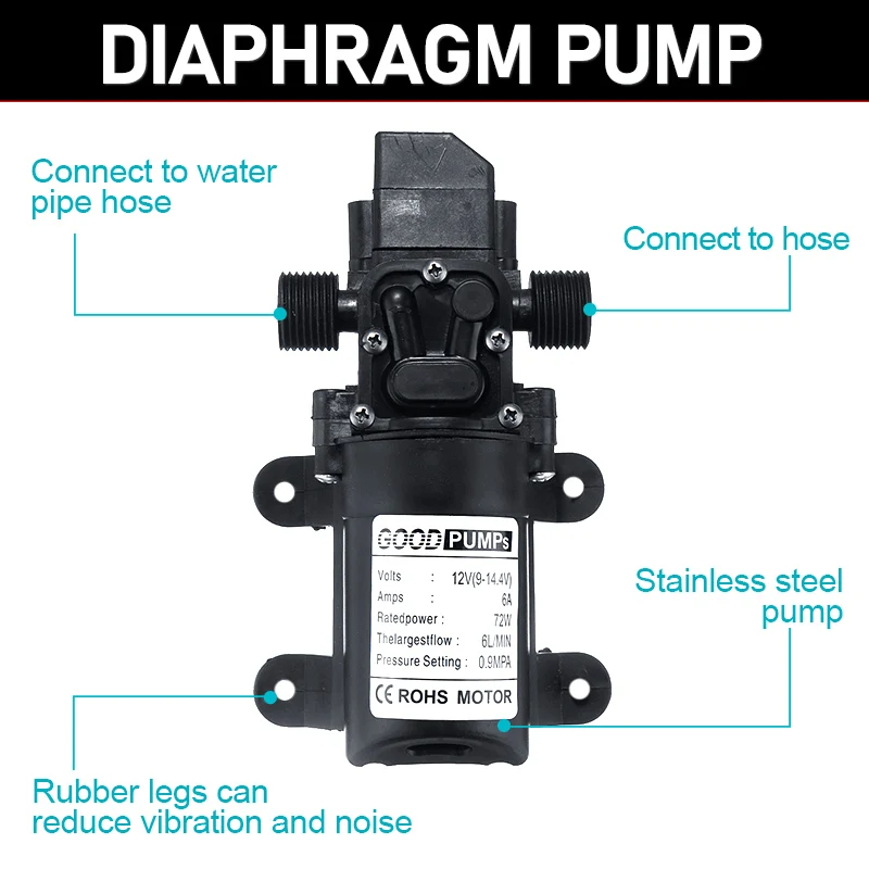 تيار مستمر 12 فولت 130PSI 6L/دقيقة (مضخة مياه كهربائية سوداء مايكرو ارتفاع ضغط الحجاب الحاجز الذاتي فتيلة التبريد غسيل السيارات مضخة مياه البخاخ