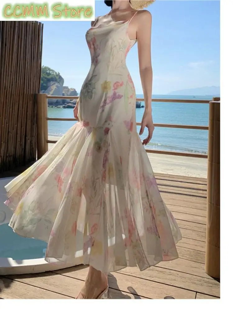 

New Elegant Backless Print Mermaid Party Dresses Summer Stylish Sexy Spaghetti Strap Holiday Beach Robe Women Package Hip Dress