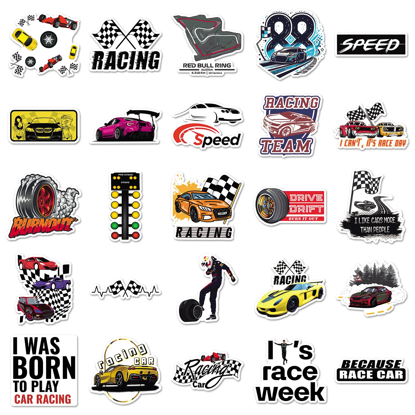 Motor Racing Cartoon Adesivos, Automóvel Raça Graffiti Adesivo, Decalques De Pista, Bagagem, Laptop, Telefone, Carro, Bicicleta, Skate, 10 pcs, 30 pcs, 50pcs