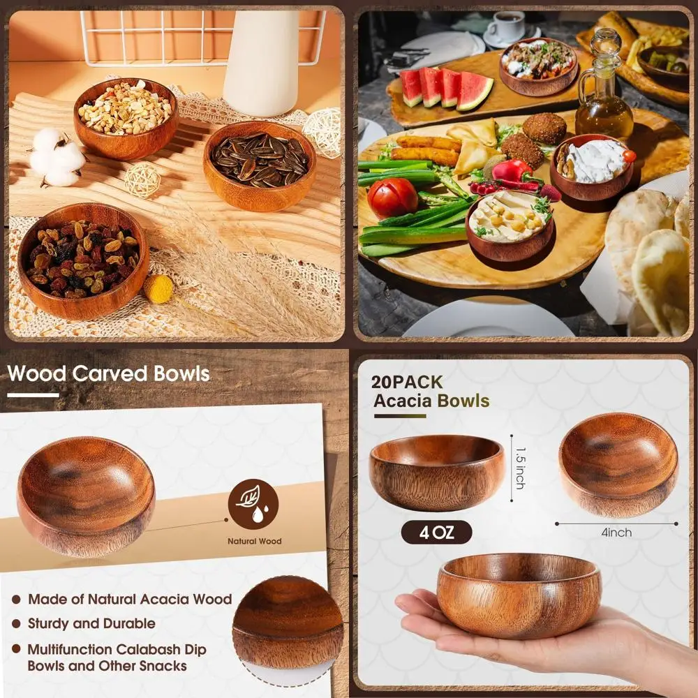 

Set of 20 Small Acacia Calabash Wood Bowls - 4 Inch Round Handcrafted Serving Bowls for Snacks, Salads, and More
