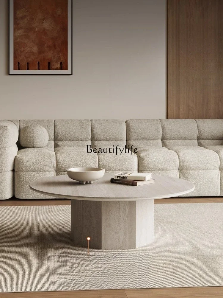 

ls 51French medieval travertine rock slab round coffee table living room household small apartment wabi-sabi wind