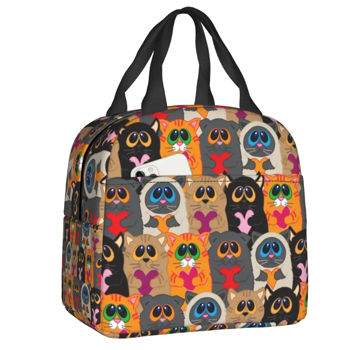 Custom Cute Cats Insulated Lunch Bags for Women Cartoon Animal Kitten Portable Cooler Thermal Food Lunch Box School