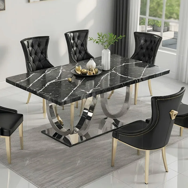 

Light luxury post-modern stainless steel marble dining table and chairs household large apartment Nordic high-end villa designer