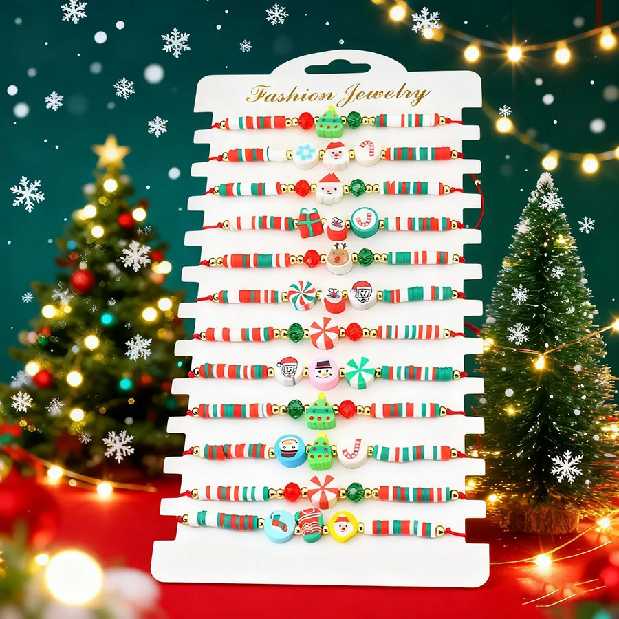 Creative 12Pcs/dozen Christmas Soft Rubber Bracelet Unisex Adjustable Colorful Beads Braslet Festival Friendship Party Jewelry