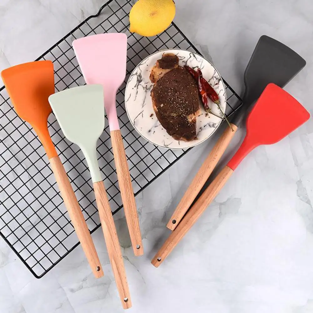 

Cooking Spatula Anti-slip Stir-Fry Heat Resistance Silicone Baking Spatulas With Wooden Handle Frying Spatula Kitchen Utensils