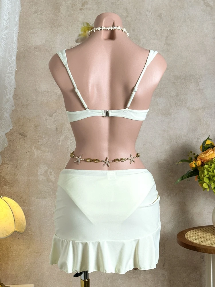 SsTss-bañador unicolor de 3 piezas para mujer, conjunto de Bikinis sexys y falda cubierta con lazo en la cintura, traje para vacaciones en la playa 2026