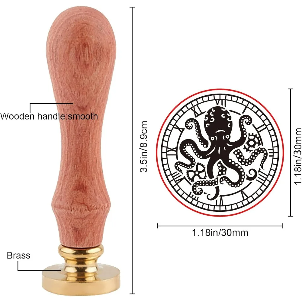 Octopus Wax Seal Stamp 1.18in Roman Numeral Clock Vintage Letter Sealing Stamp Brass Head Wooden Handle Stamps for Invitations