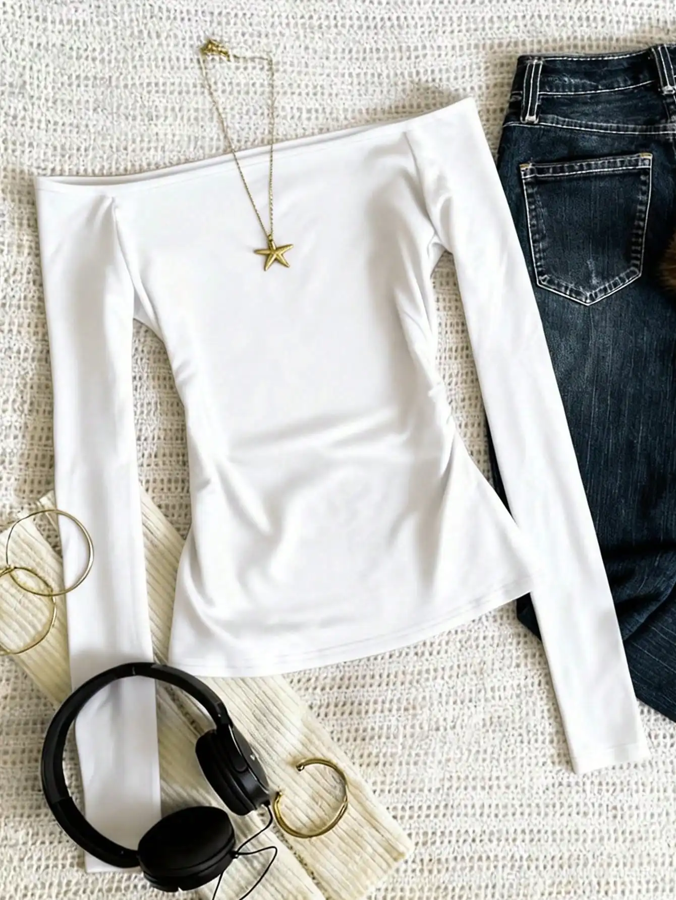 Women Off Shoulder Long Sleeve Slim Fit Top Solid Basic Fitted Elegant Casual Going Out Blouse