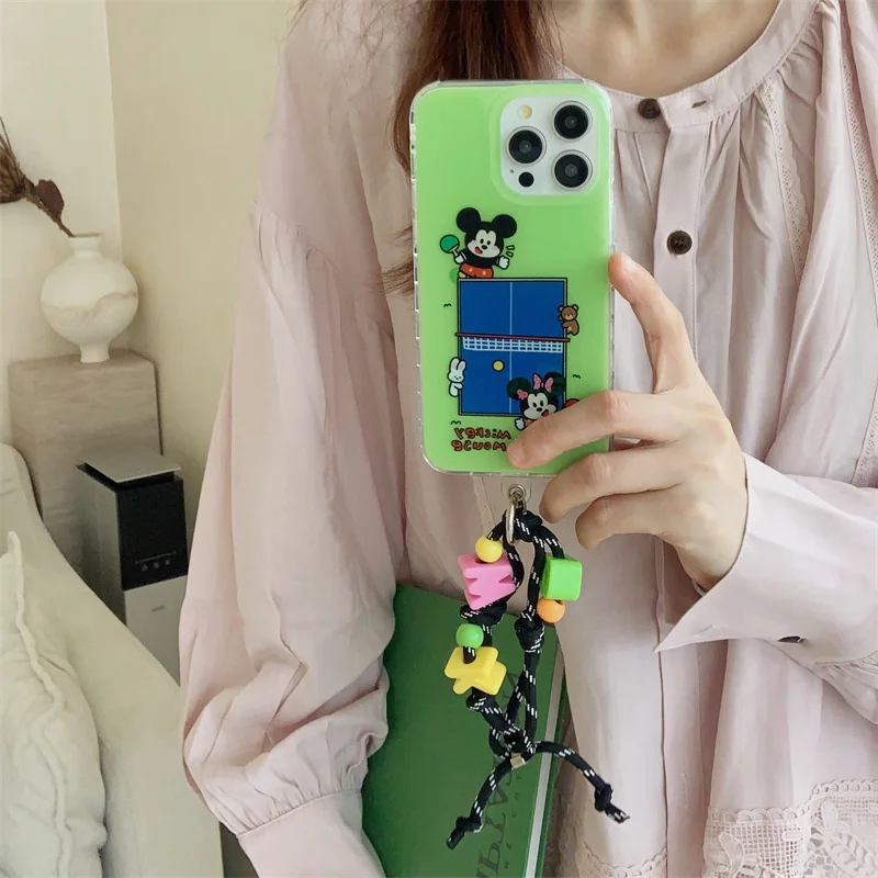 Capa para desenhos animados Cute Mickey and Minnie para iPhone, Ténis de mesa, Lucky Letters, cordão para iPhone 12, 13, 14, 15, 16 Pro Max, Y2K