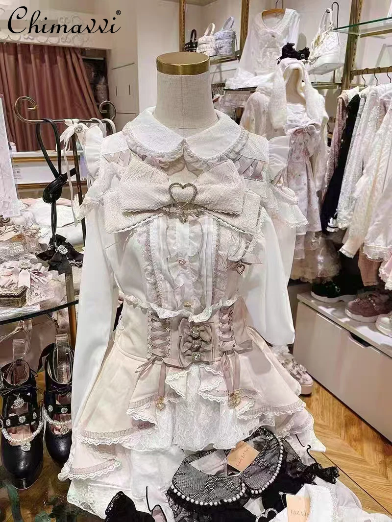 

Japanese Liz New Lolita Off-Shoulder Cute Big Bow Long Sleeve Shirt Sweet Girl Loose Elegant Hollow Shirts Women's Blouse Top