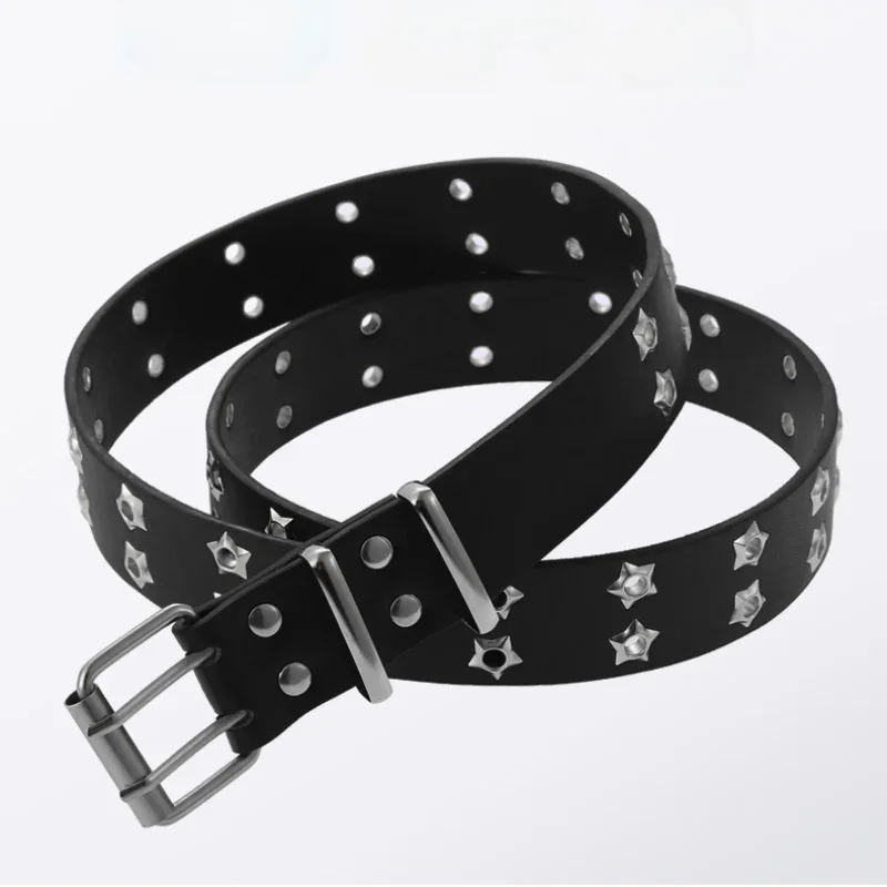 

Women Punk Chain Belt Adjustable Black Double Star Eyelet Grommet Metal Buckle Leather Men Waistband for Jeans Streetwear