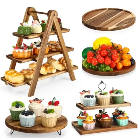5 Pcs Wooden Dessert Table Display Set, Farmhouse 2 Tier Cupcake Stand 3 Tier Wood Cake Tower Round Serving Tray Food Platter fo