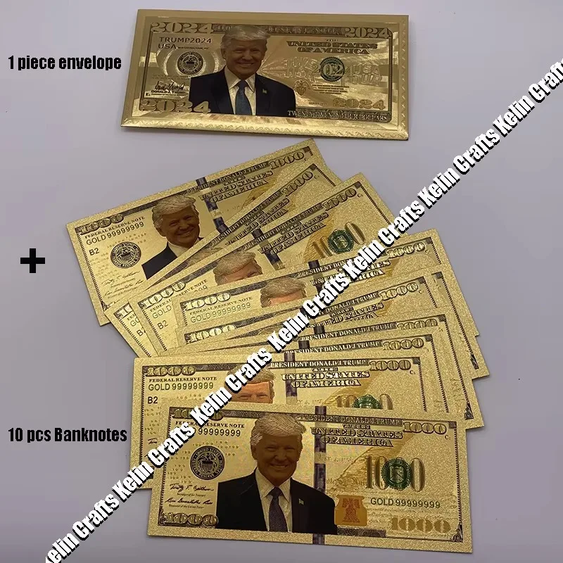 10 pcs/lot US President Donald Trump 24k Gold Banknote $1000 Dollar Bill Note with Gold Envelope Great  patriotic Gift