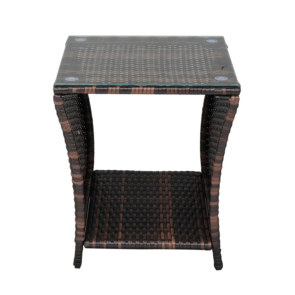 Glass Surface Brown Gradient Iron Frame Rattan Side Table