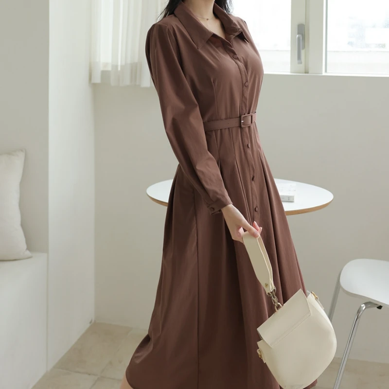 Donne oversize 3XL Primavera Estate Abiti lunghi Office Lady Elegante camicia a maniche lunghe a vita alta Abiti con cintura jurk dames