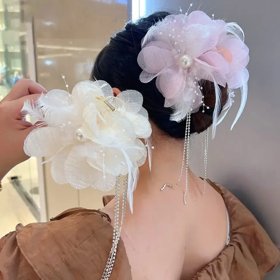 

Elegant Flower Tassel Hair Claw Cloth Pearls Shark Clip Fairy Large Grasping Clip for Women Girl