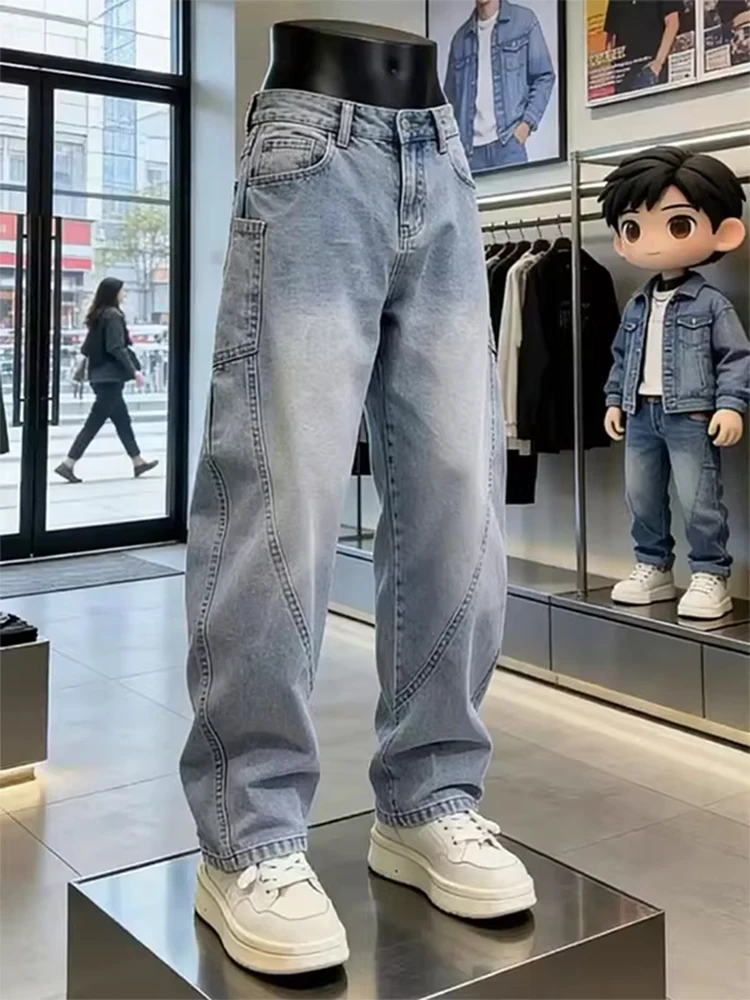 

American Washed Light Blue Slant Cut Men's Jeans Spring Deconstructed Design High Street Wide Leg Workwear Pants