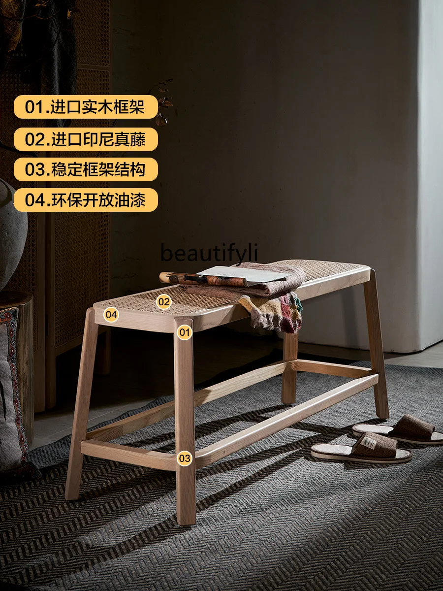 Nordic Solid Wood Dining Chair Rattan Homestay Hotel Leisure Bench Natural Rattan Chair Combination