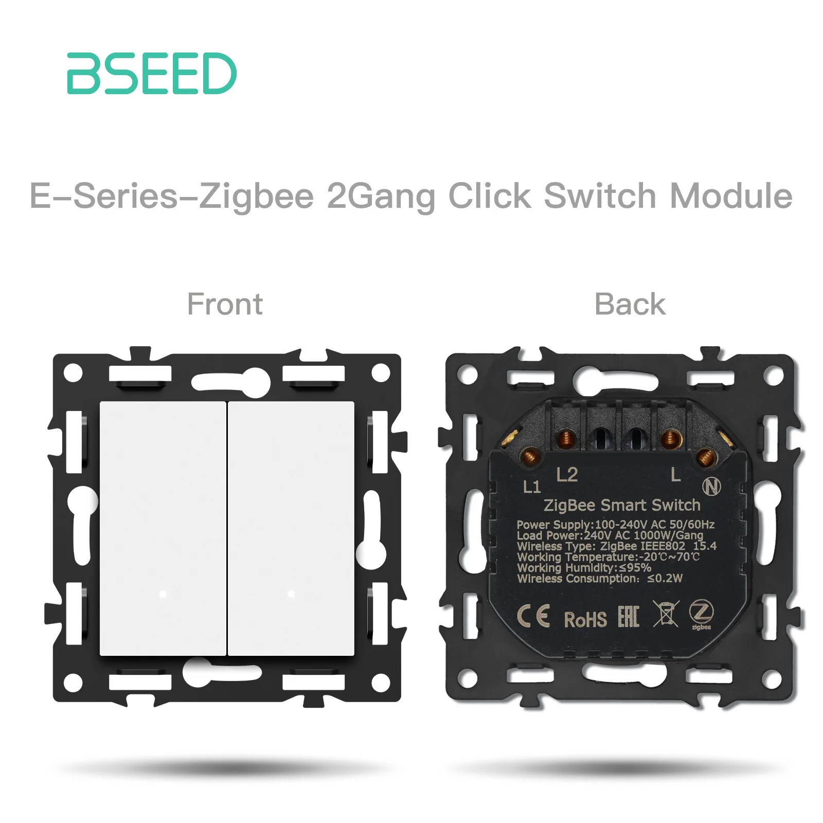 BSEED Zigbee 1/2/3/4-fach Smart-Lichtschalter für Vorhänge und Jalousien, Dimmer-Schalter mit mechanischen Tasten, Steckdosen, USB-C, DIY-Teile, Kunststoffrahmen