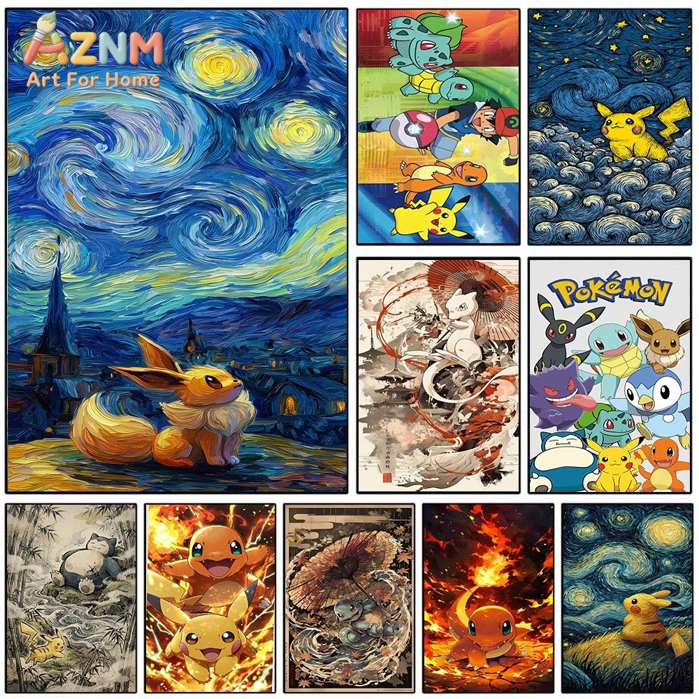Anime Pokemon Flareon Van Gogh Starry Night Canvas Wall Art, Fire‑type Eevee Evolution Cartoon Frameless Canvas Painting for K