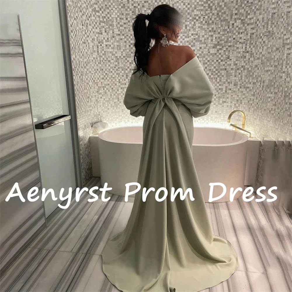 Aenyrst Green Off Shoulder V Neck Evening Gowns Customized Satin Long Sleeves Sequin Prom Dress Floor Length Formal Party Gowns