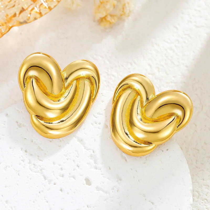 European and American ins style design sense 18k gold stainless steel strip heart pattern swirl shape versatile earrings for wom