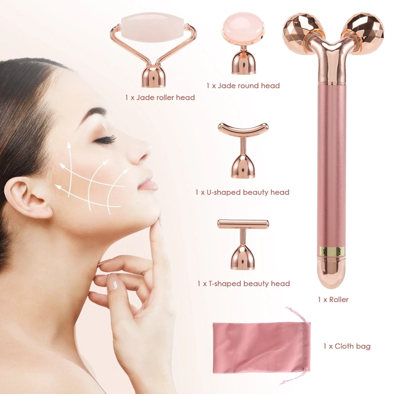 5-in-1 24K Gold Beauty Bar Gesichtsmassagegerät Elektrischer Rosenquarz 3D Roller Facelifting Körper Gesichts Gua Sha Jade Roller