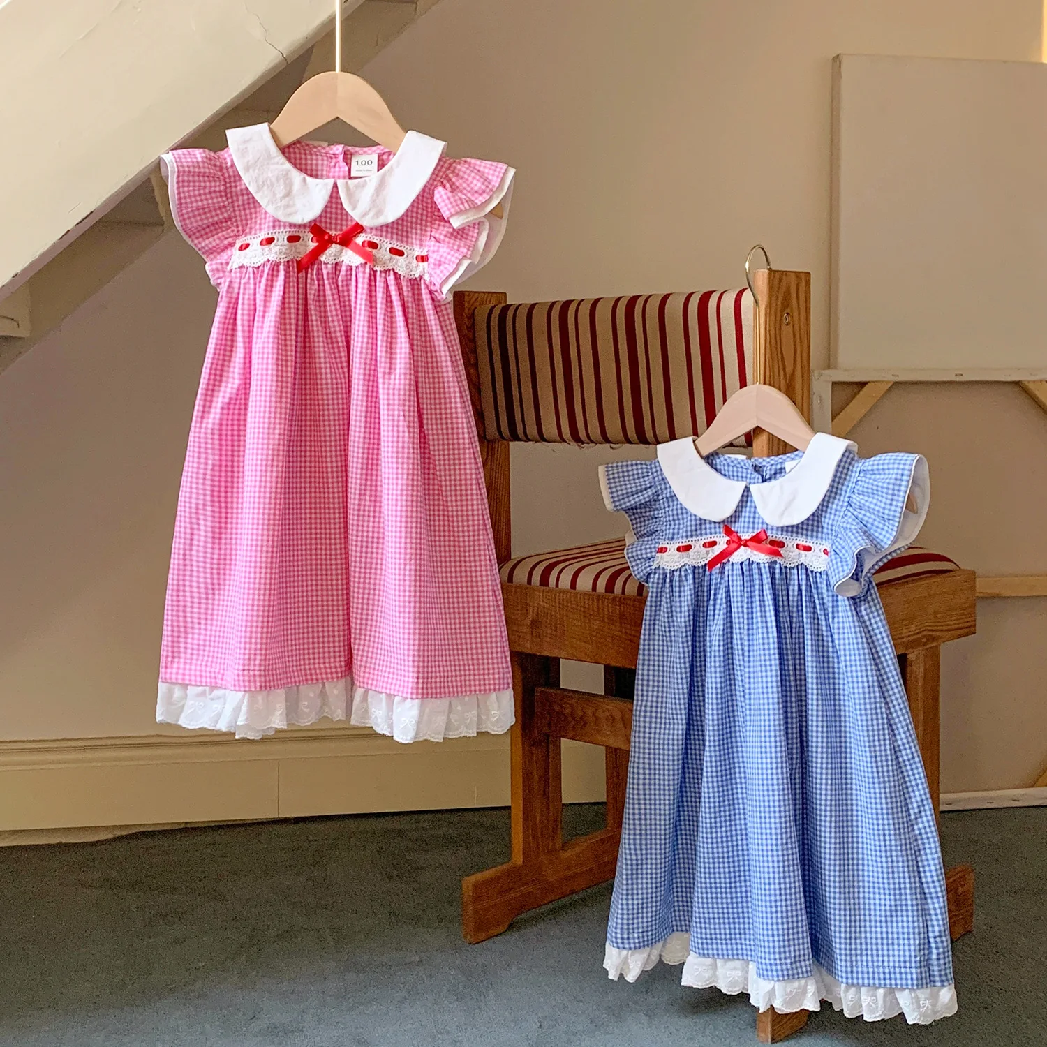 Vestido a cuadros con cuello de muñeca, novedad de verano 2021, moda coreana, bonito vestido de manga voladora de encaje con nudo a cuadros