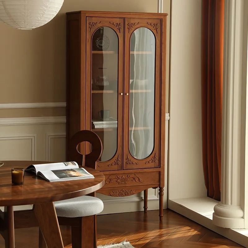 All solid wood home retro solid wood wine cabinet, caramel color display cabinet, living room bookcase