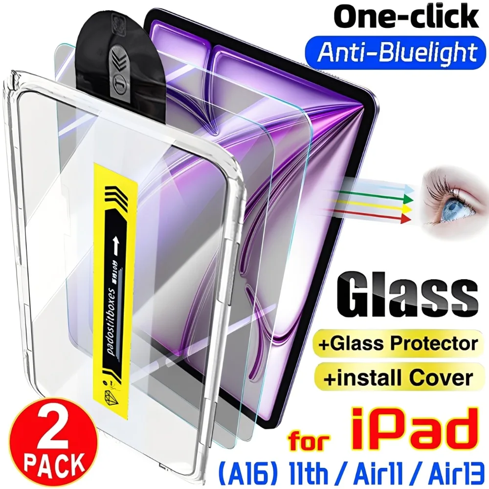 طبقة حماية مضادة للضوء الأزرق لجهاز iPad A16 2025 Air 11/13 بوصة M3 M2 سهلة التركيب واقيات شاشة من الزجاج المقسى لجهاز iPad 11