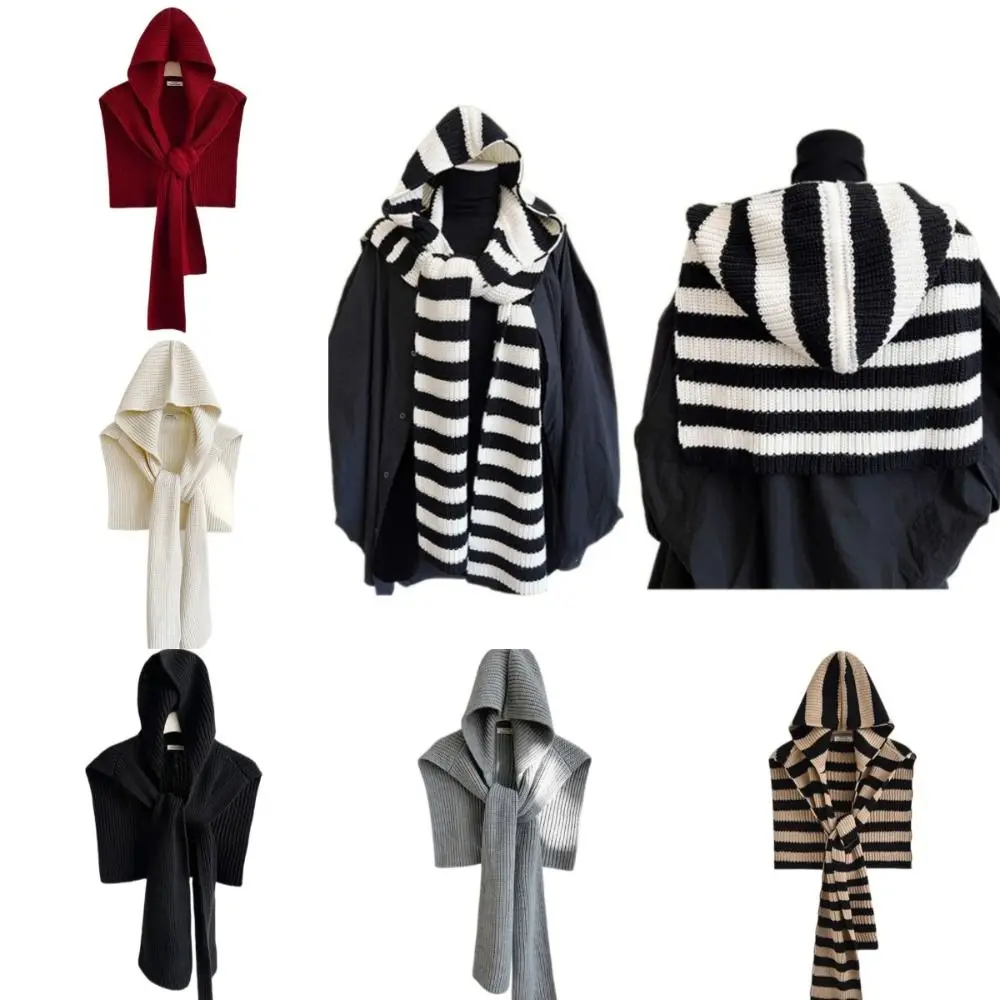 

Универсальная вязаная накидка большого размера, теплая полосатая зимняя накидка, модная вязаная шаль с капюшоном для женщин