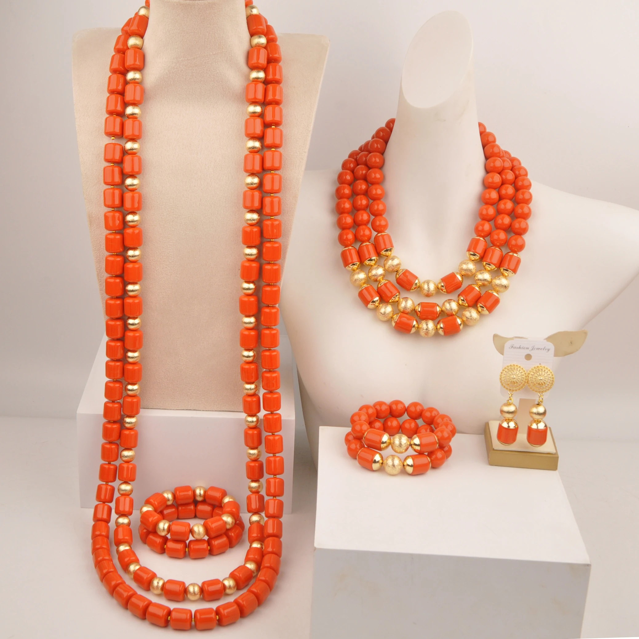 

Fashion African Wedding Jewelry Orange Artificial Coral Beads Necklace Sets